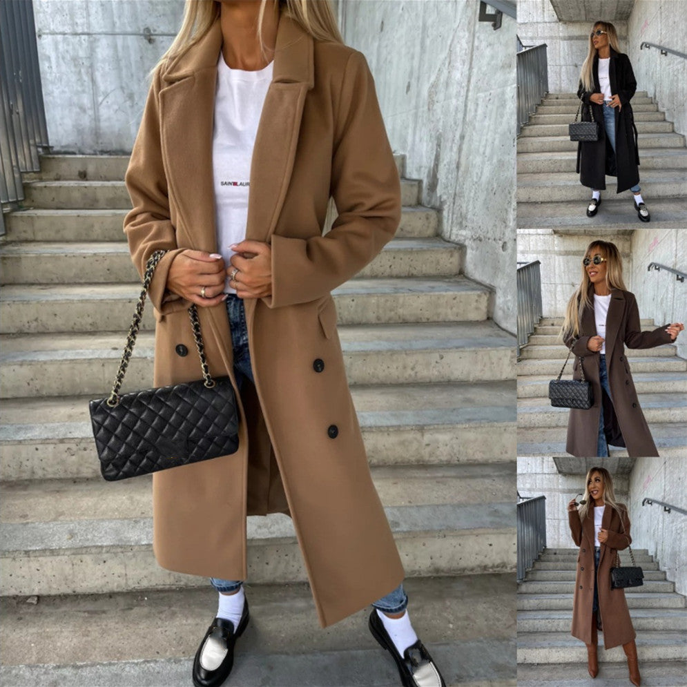 Women's double-breasted belt-detail long coat