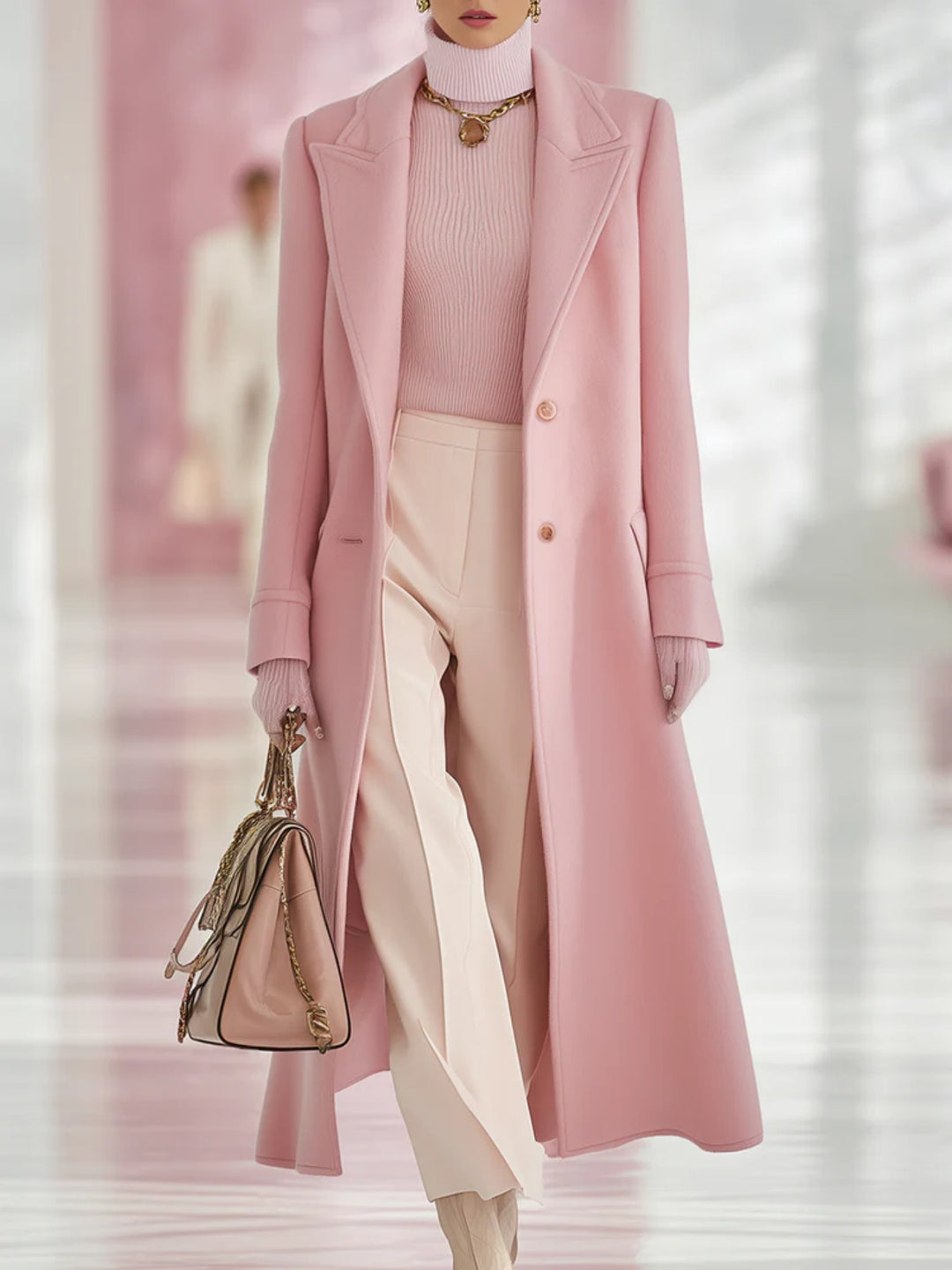 Long loose lapel coat in light pink with button front and side pockets
