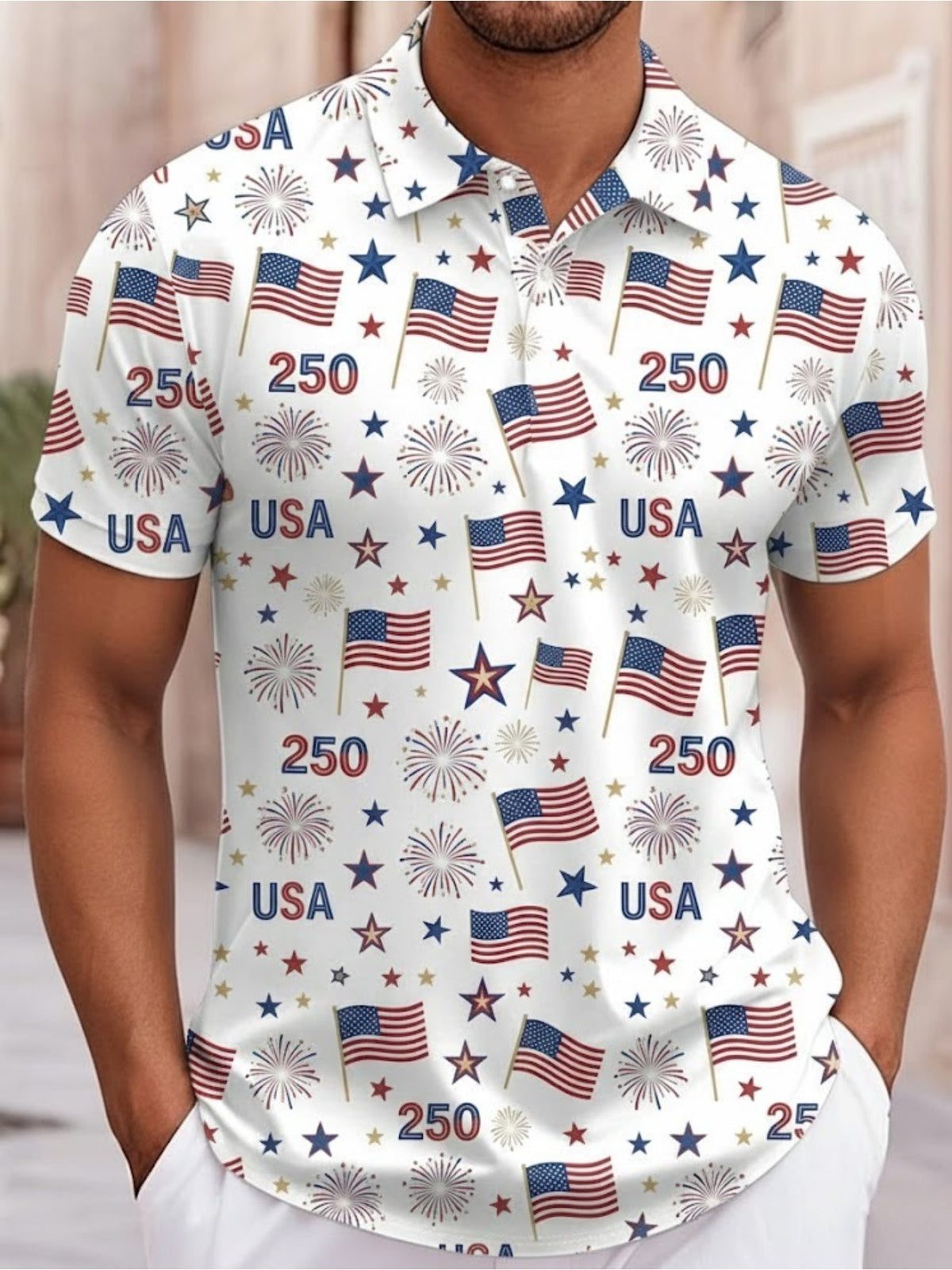 Mens short-sleeve lapel shirt in white with USA stars, fireworks, and flag prints