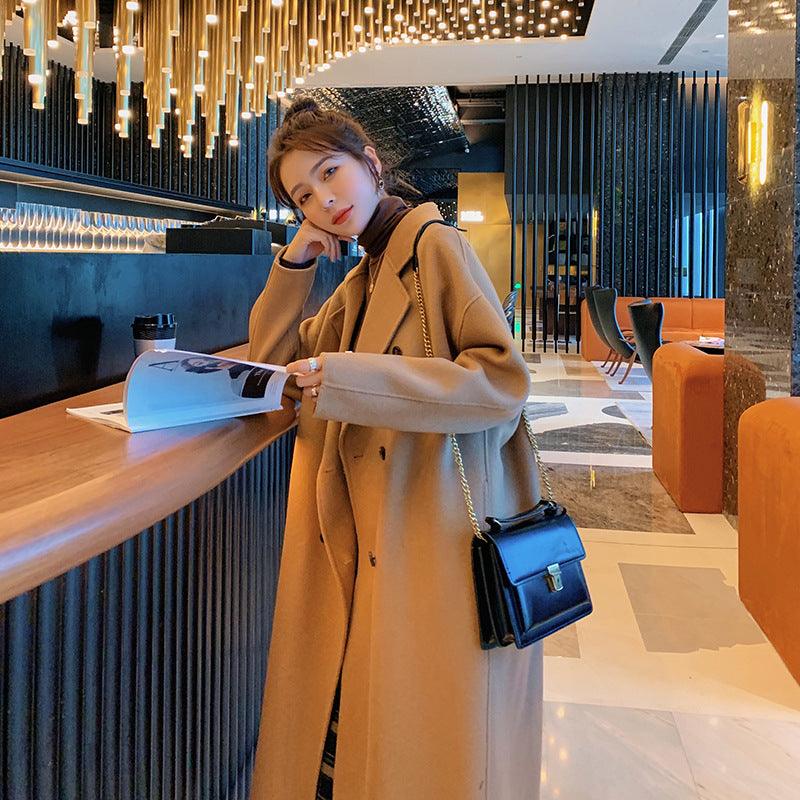 Women's loose mid-length wool coat, khaki, notched lapels and front buttons