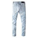 Trendy Brand Jeans Light Blue Ripped Patch Slim Fit Calf Pants Men - WOMONA.COM