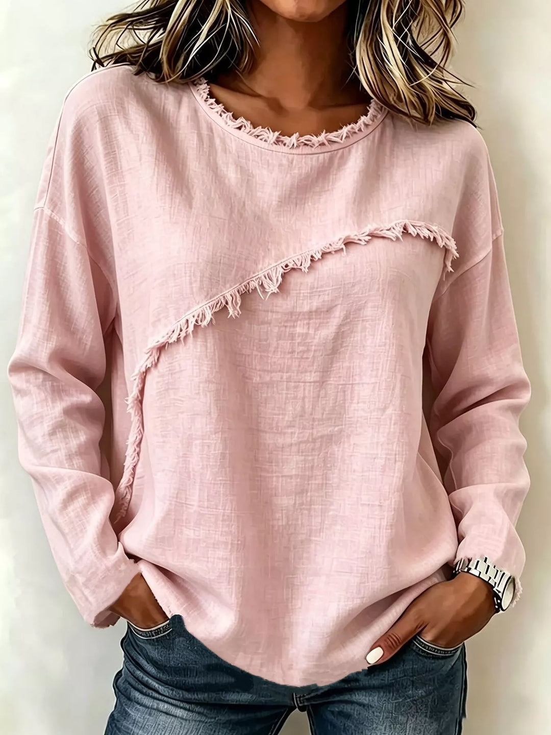 Women's Frayed Hem Dropped Shoulder Blouse