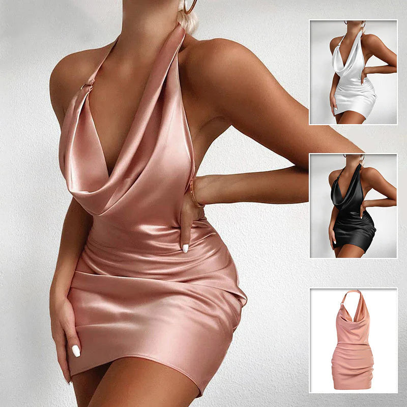 Pink satin backless mini dress with halter neckline and ruched waist