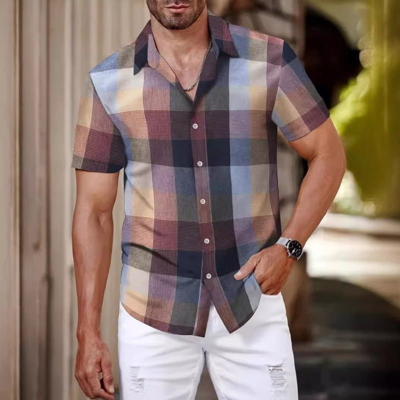 Camisa a cuadros de manga corta para hombre, estilo coreano, color verde