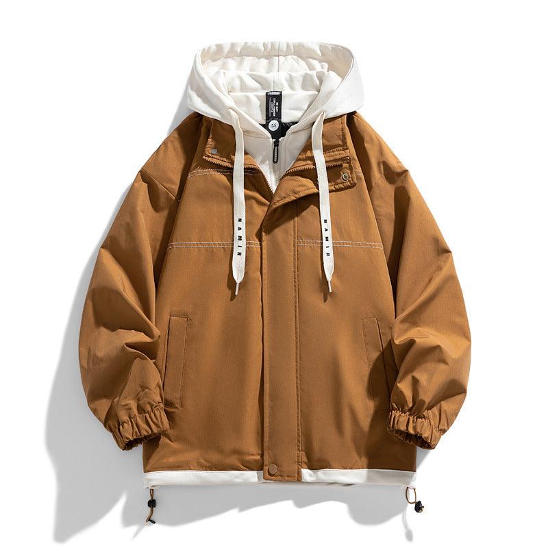 Color-block hooded baseball jacket, tan body with cream hood and drawstring
