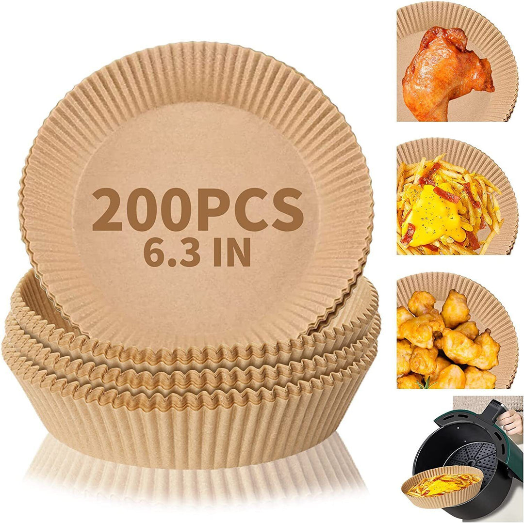 Round beige air fryer paper liner stack with ridged edges