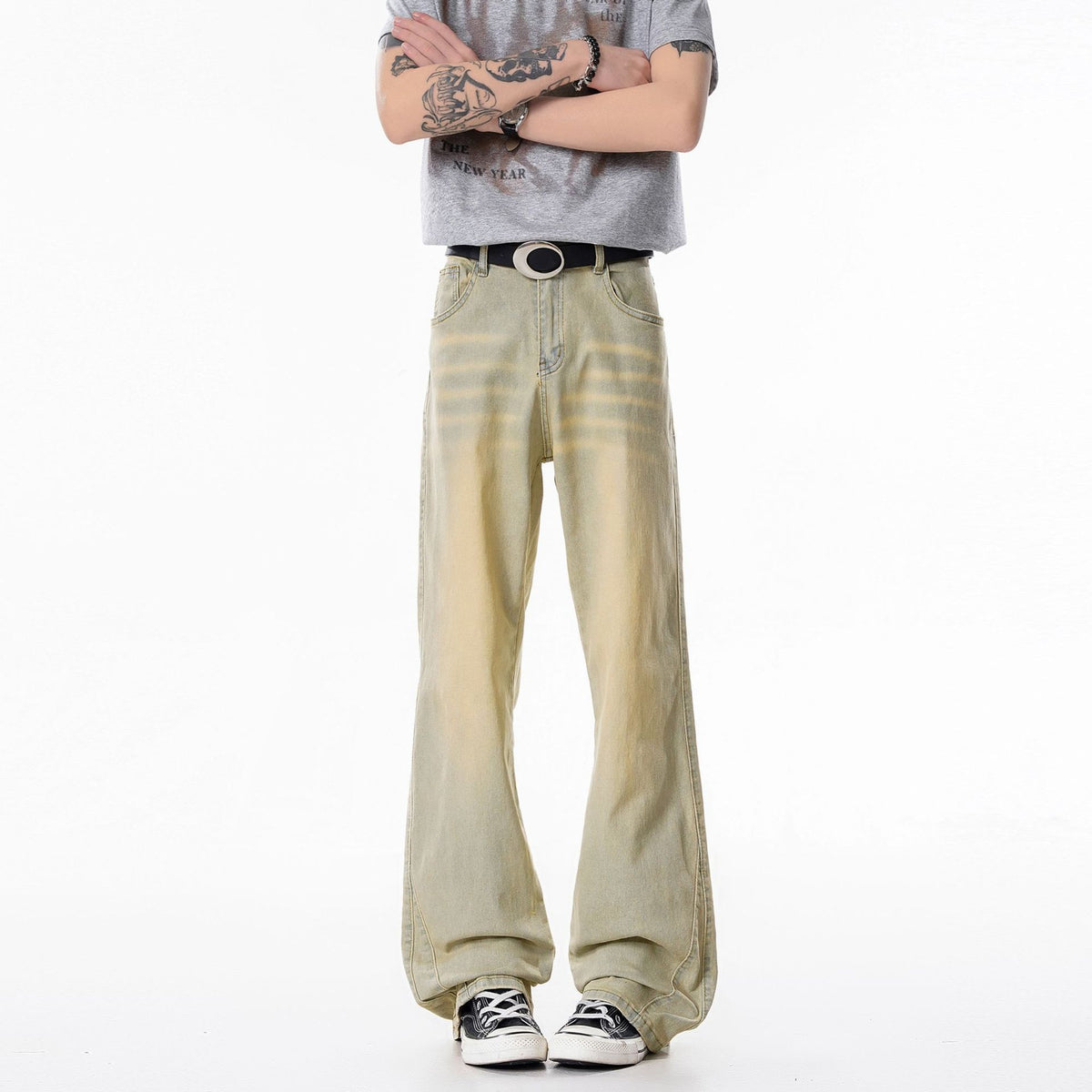 Light khaki straight-leg jeans with belt loops and stitched front pockets