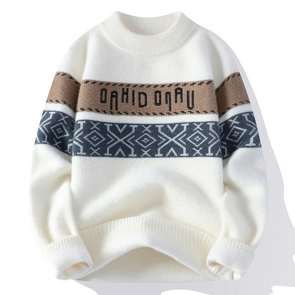 Letter Jacquard Round Neck Contrast Color Loose And Idle Knitwear - WOMONA.COM