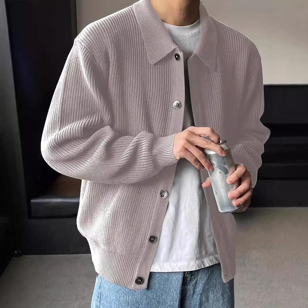 Men's ribbed knit cardigan, light brown button-front with point collar