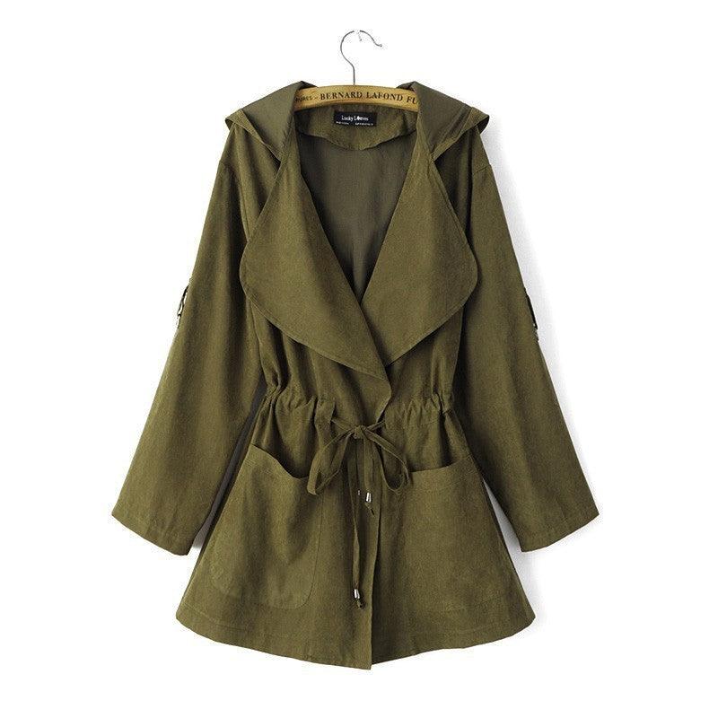 Women’s thin windbreaker in army green, drawstring waist, flap pockets, long sleeves