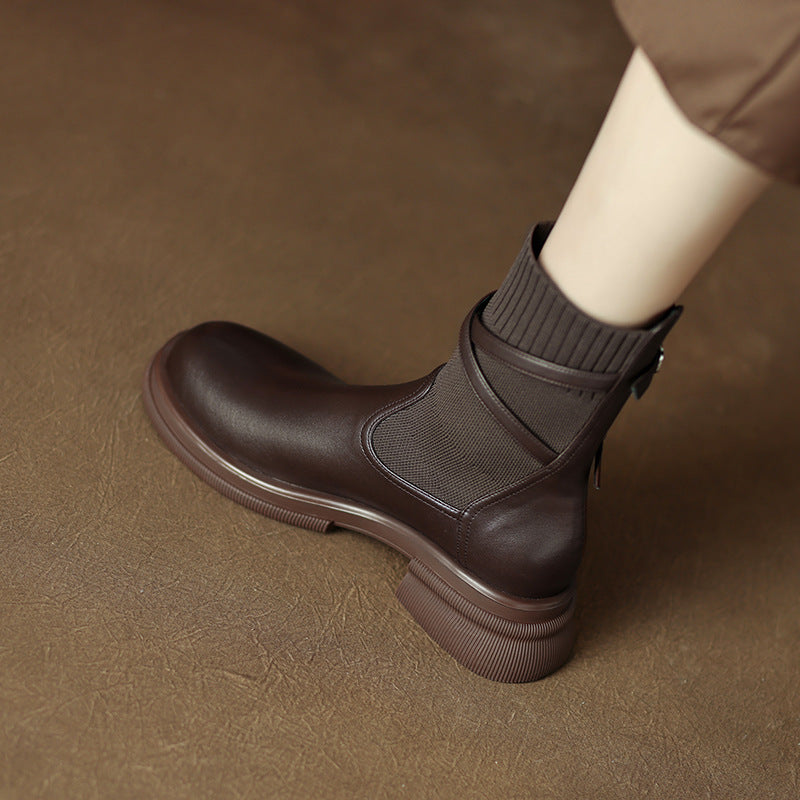 Thick Bottom Chunky Heel Real Soft Leather Round Toe Retro Socks Boots - WOMONA.COM