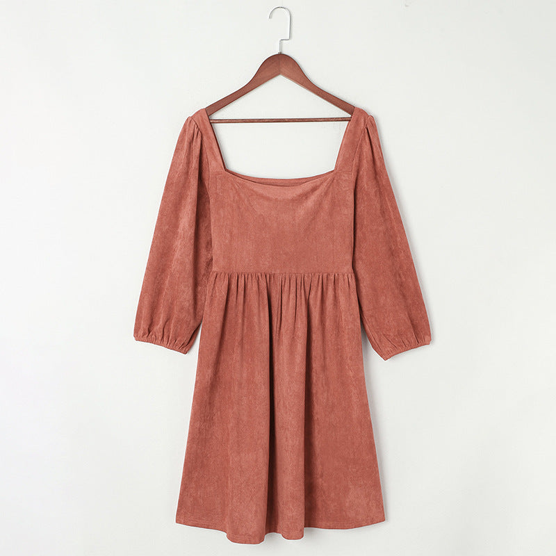 Autumn Solid Color Square Collar Puff Sleeve Waist Dress - WOMONA.COM