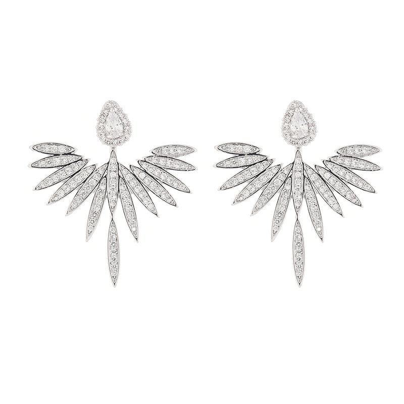 Pair of silver angel wing earrings with teardrop studs and faceted wing drops