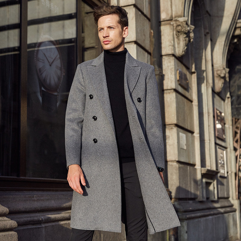 Men's gray double-breasted wool overcoat with notched lapels and black button front