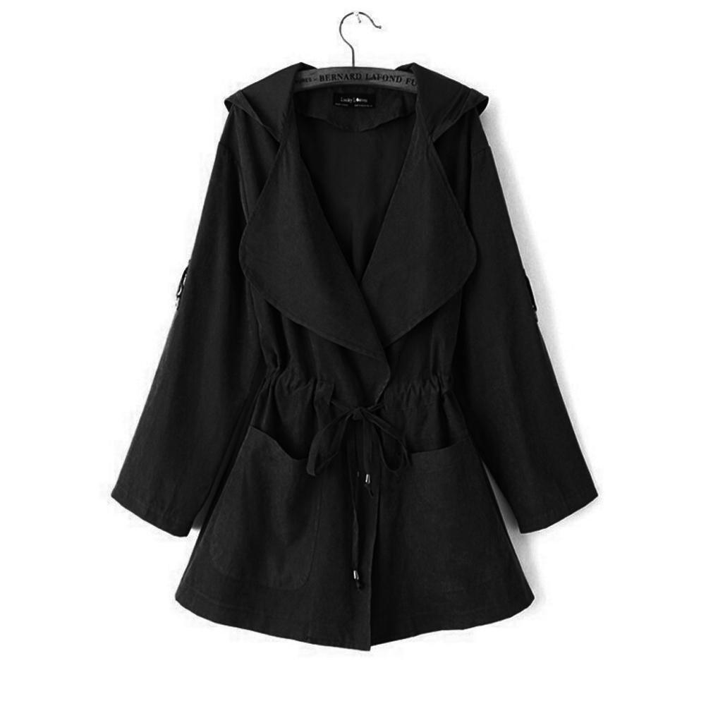 Women’s thin windbreaker in black, drawstring waist, flap pockets, long sleeves