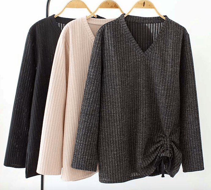 knitted elastic women V-neck loose blouse - WOMONA.COM