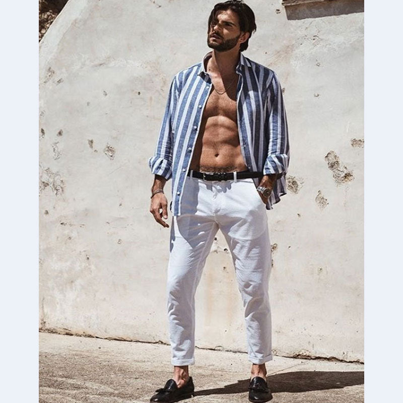 Men's blue-and-white striped long-sleeve shirt with lapel collar and button placket