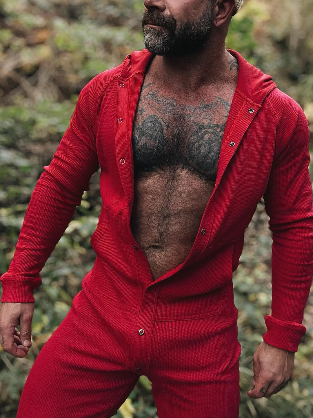 Women's Red Hooded Button-Front Jumpsuit