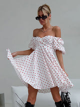 Women's Temperament Leisure Off-neck Printed Puff Sleeve Dress - WOMONA.COM