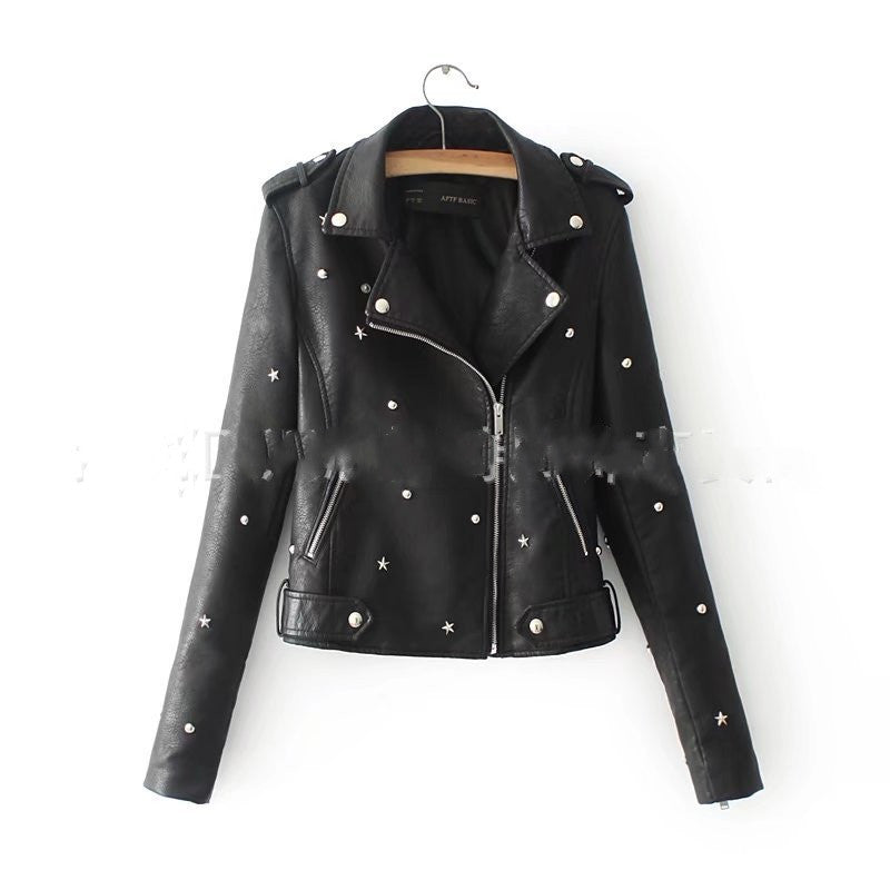 Women's leather jacket with rivet locomotive - WOMONA.COM