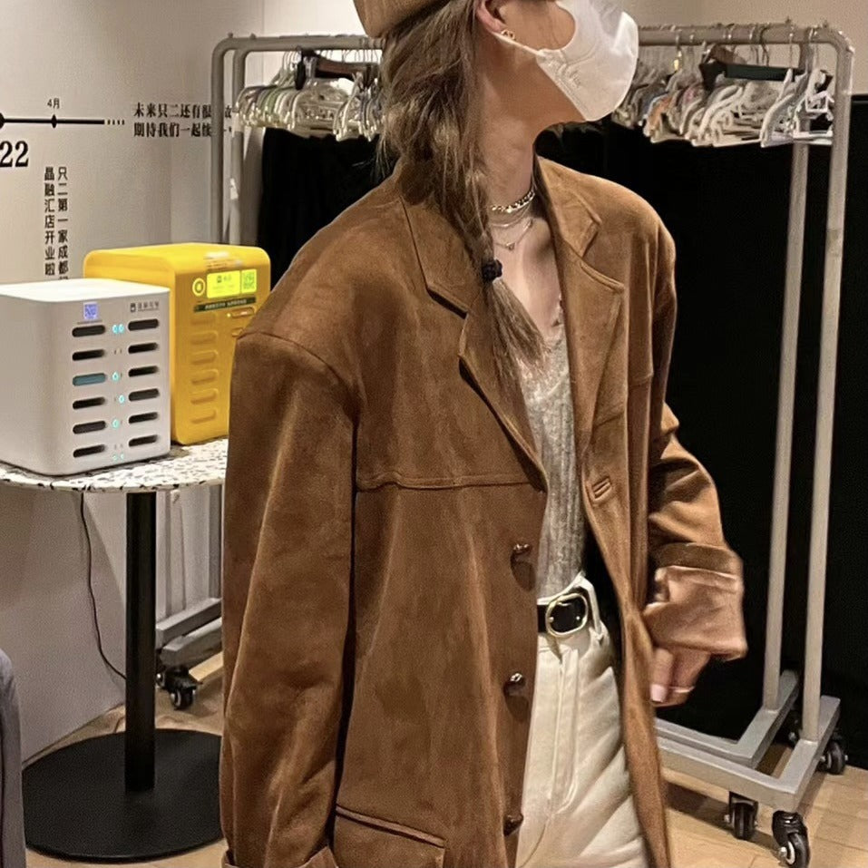 Women's retro brown-yellow suede suit jacket