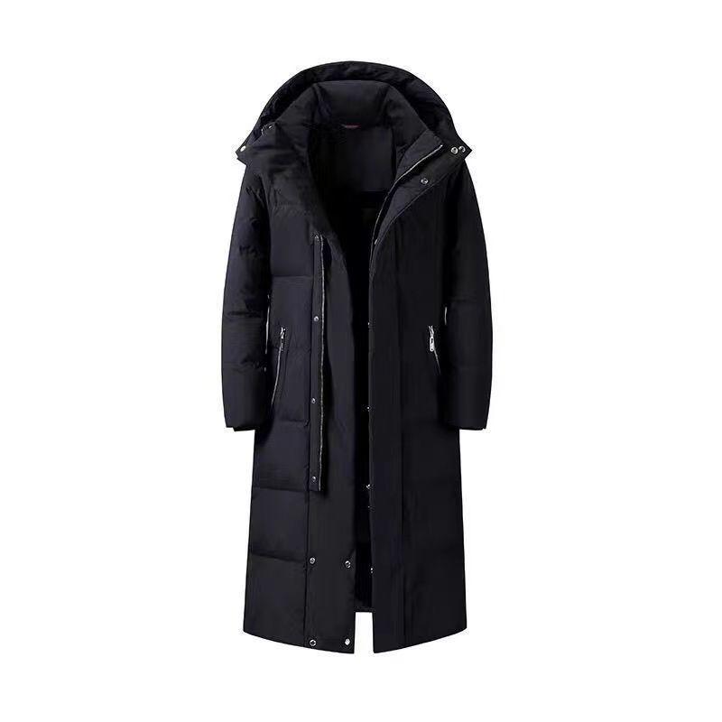 Black long puffer coat with hood and zip front, extended length