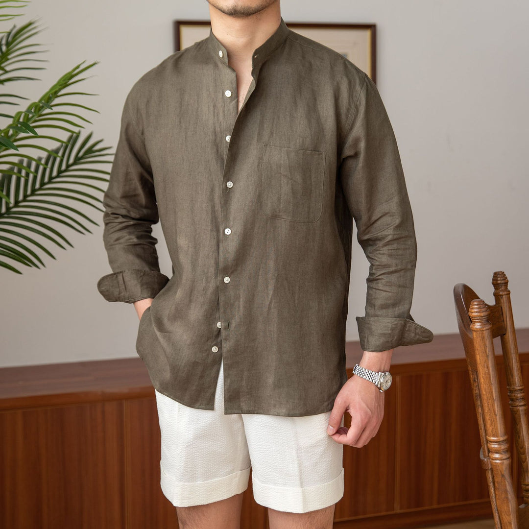 Brown long-sleeve resort shirt with stand-up collar, button placket, and chest pocket