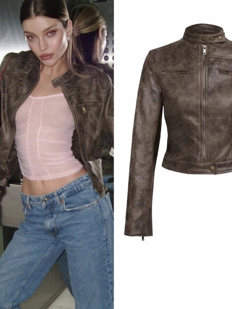 Maillard Motorcycle Hot Girl Vintage Distressed Leather Coat - WOMONA.COM