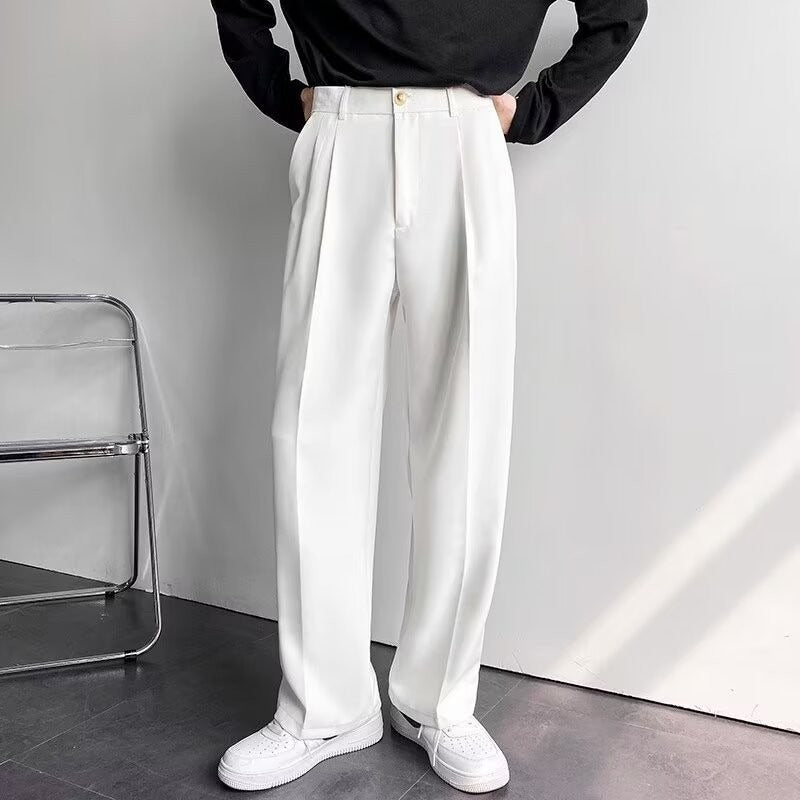 Men's white straight-leg suit trousers with pleated front and belt loops