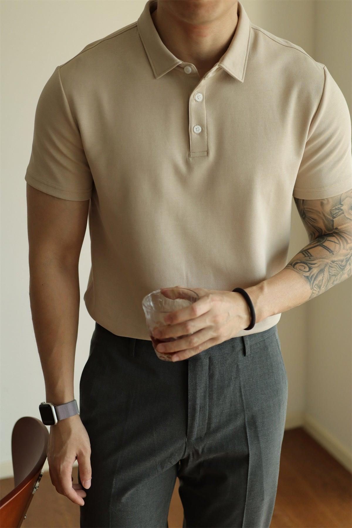 Men's tan polo shirt with short sleeves and button placket