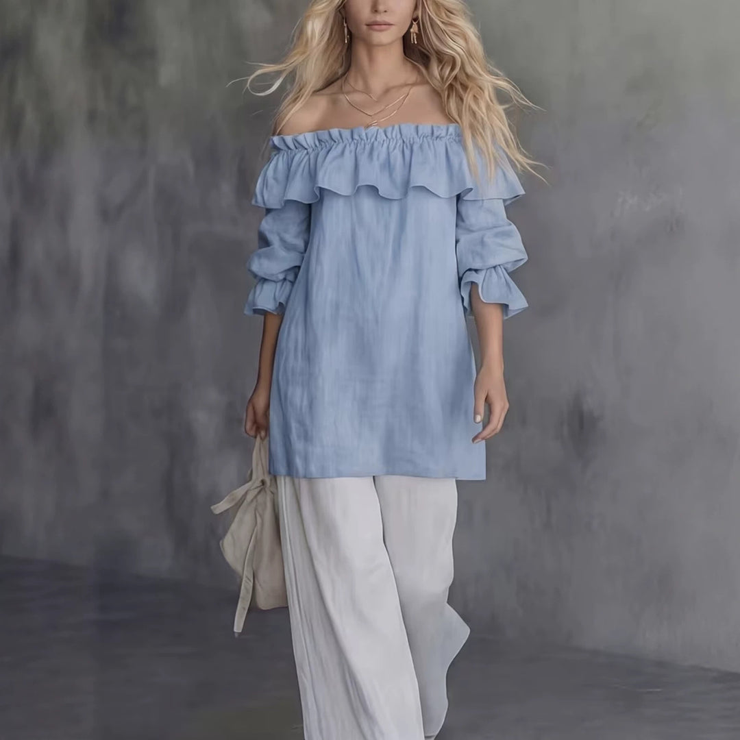 Women’s off-shoulder ruffled top in light blue with tiered sleeve details