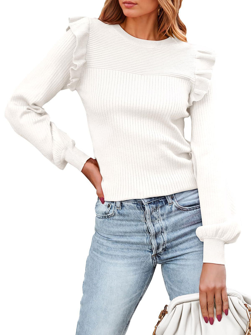 Ruffled Shoulder Long Sleeve Round Neck Slim Rib Knitted Sweater - WOMONA.COM