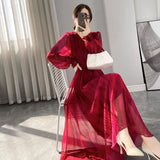 Waist-tight Elegant Lantern Sleeve Beach Vacation Rose Red Dress - WOMONA.COM