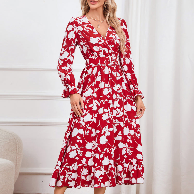 Women's Retro V-neck Printed Dress - WOMONA.COM