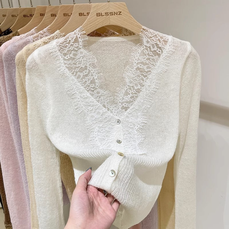 Women’s lace-trim knitted sweater top, long sleeves, button-front, cream-white