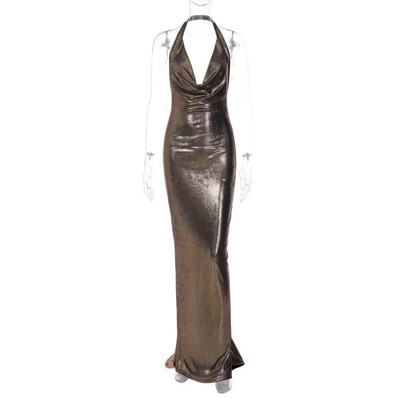 Backless Pleated Neck Hanging Dress - WOMONA.COM