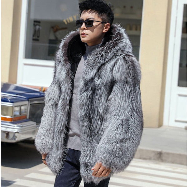 Men's mink fur fur one-piece coat hooded fox - WOMONA.COM