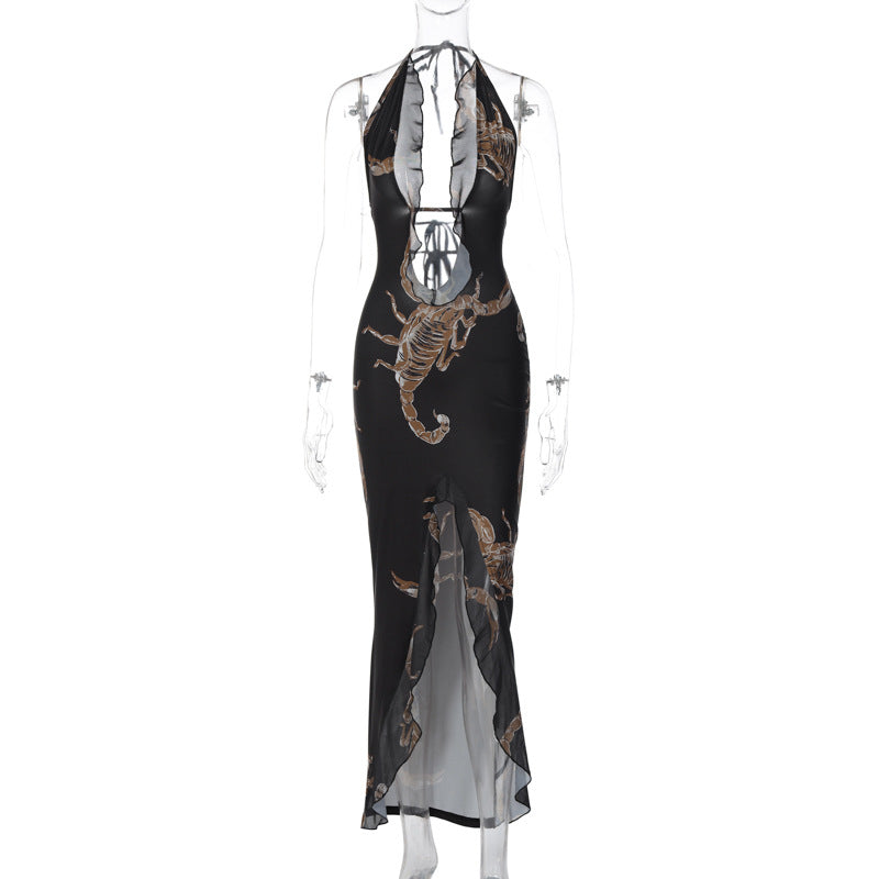 Women's Fashion Printed Halter Strap Long Dress - WOMONA.COM