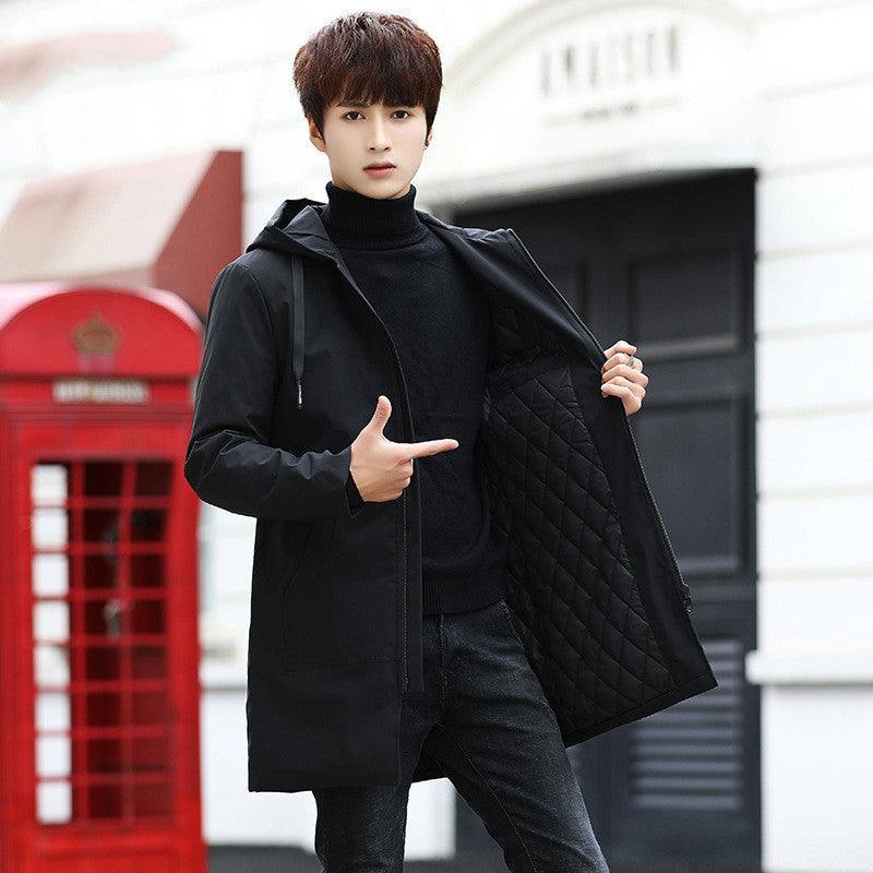 Men's thick hooded casual jacket, black, zip front and quilted inner lining.