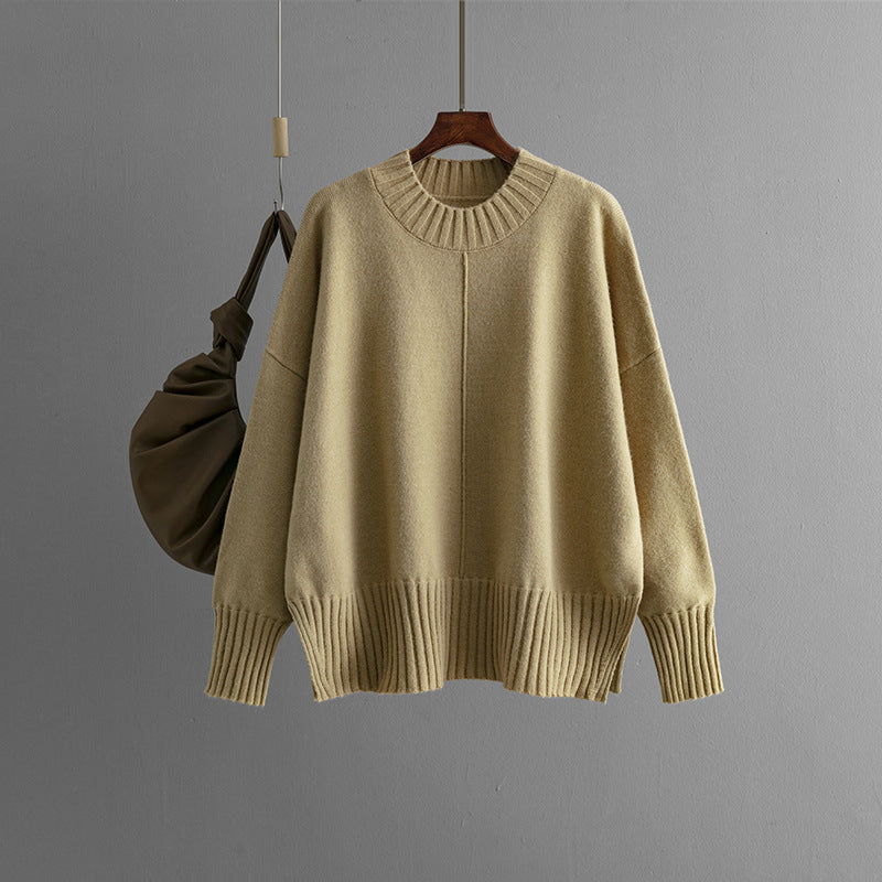 Round Neck Sweater Women's Pullover Sweater Long Sleeve - WOMONA.COM