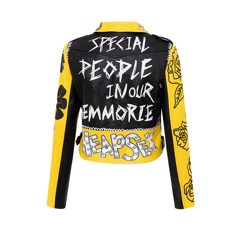 Personalized Graffiti Print Motorcycle Leather Jacket - WOMONA.COM