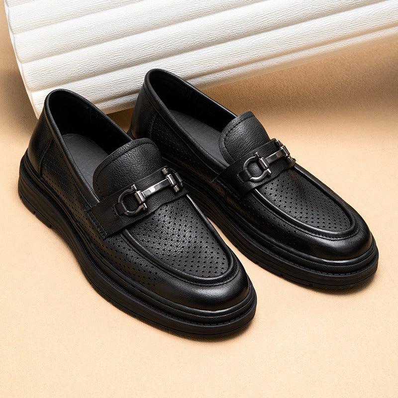 Men's black leather loafers with metal buckle strap and perforated toe, flat sole