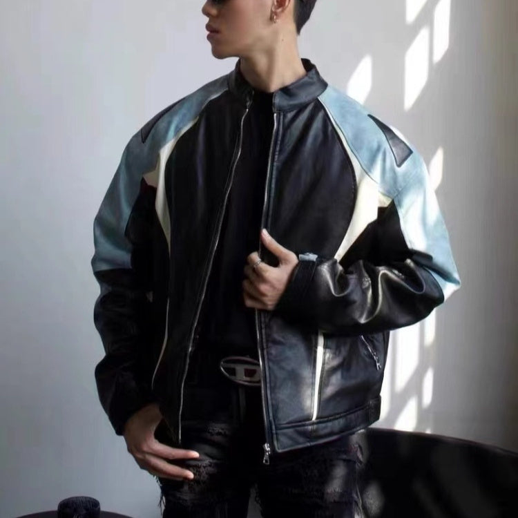 Men's blue PU leather motorcycle jacket
