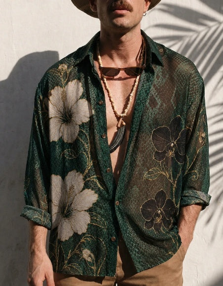Serpentine Floral Print Sheer Oversized Shirt