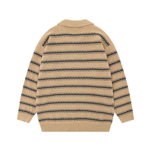 Crocheted Striped Lapel Sweater Men's European And American Loose