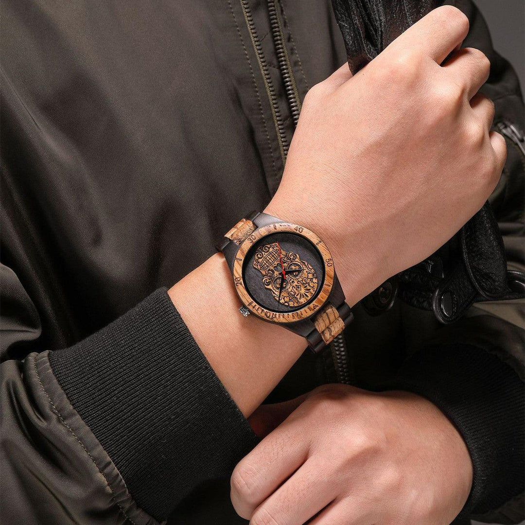Skull Wooden Watch Quartz Scale Double Color - WOMONA.COM