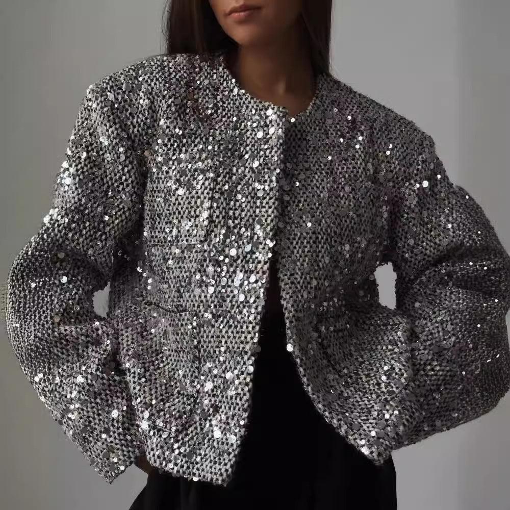 Women's sequined tweed jacket in dark gray with silver sequin detailing, cropped fit