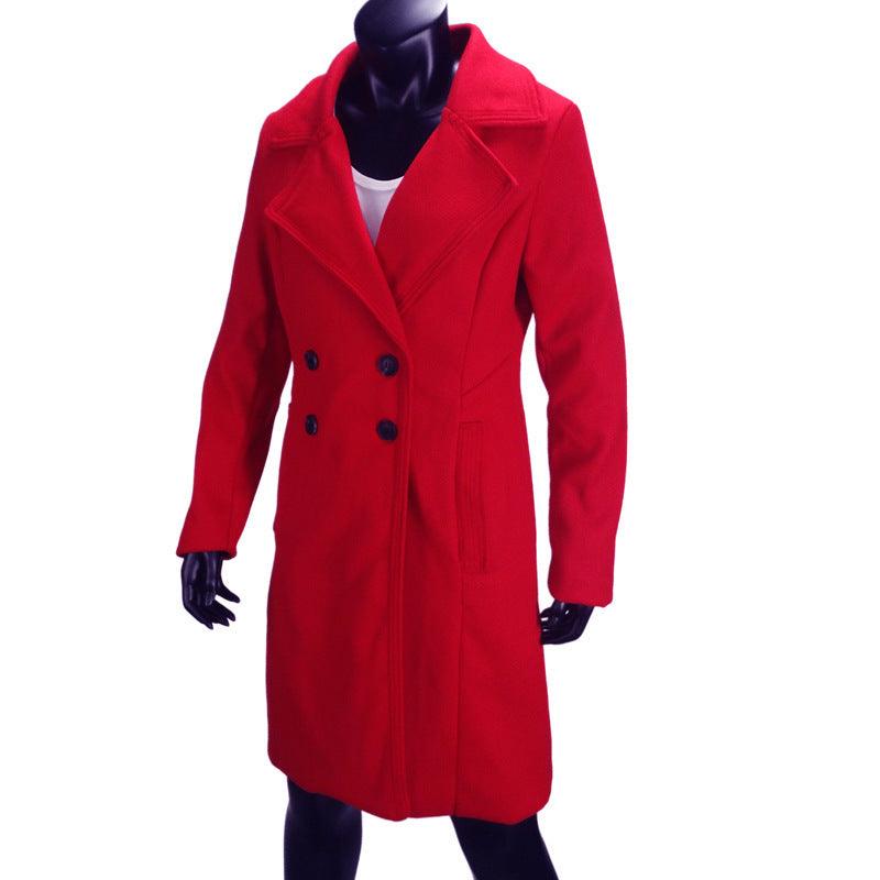 Red long wool women’s coat with wide lapels and double-breasted button front, long sleeves.