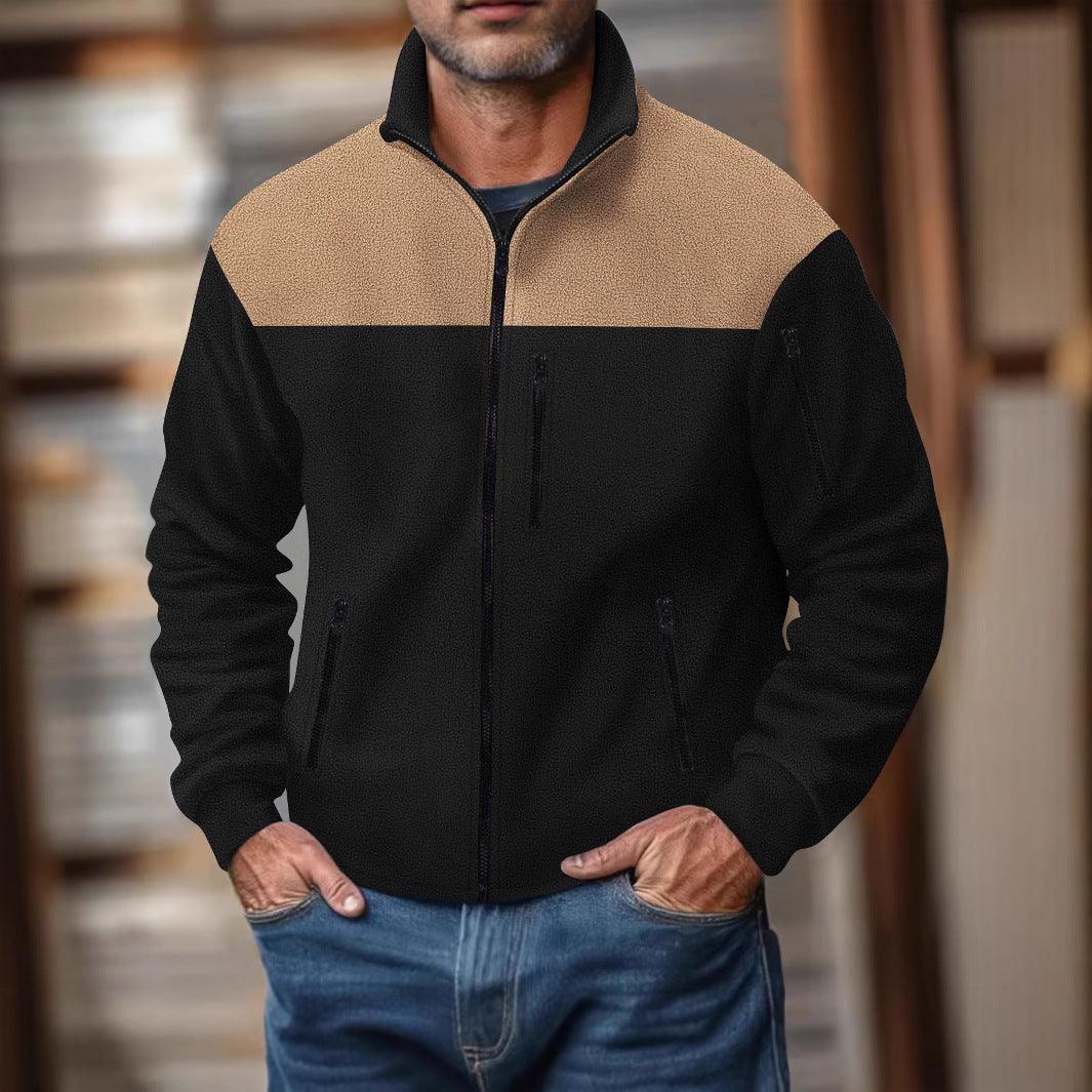 Men's color-block long-sleeve jacket, tan and black, full-zip with stand collar and pockets