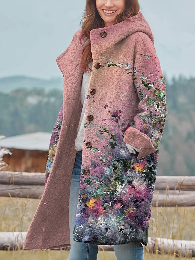 Women's mid-length coat, mauve pink hood, floral print, button front.